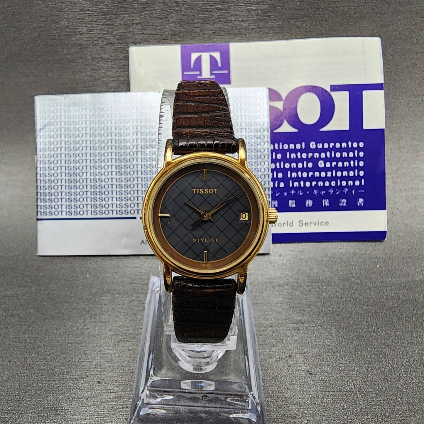 Tissot Stylist Watch Women 23mm Black Dial Gold Tone Date Round New Battery0