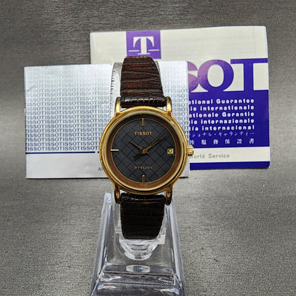 Tissot Stylist Watch Women 23mm Black Dial Gold Tone Date Round New Battery0