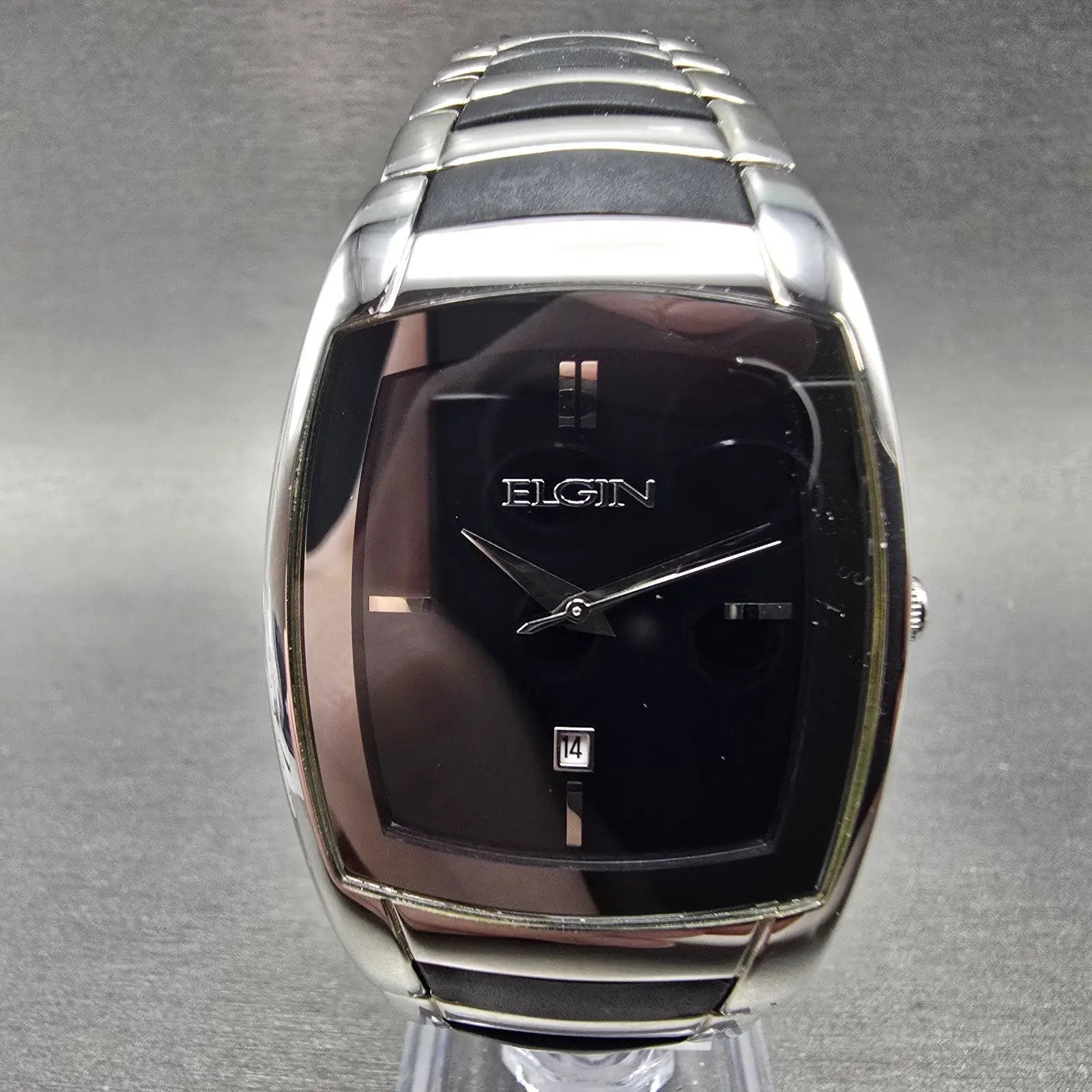 Elgin Tank Watch Men 34mm Black Dial Silver Tone Date Rectangle EG453 NewBattery0