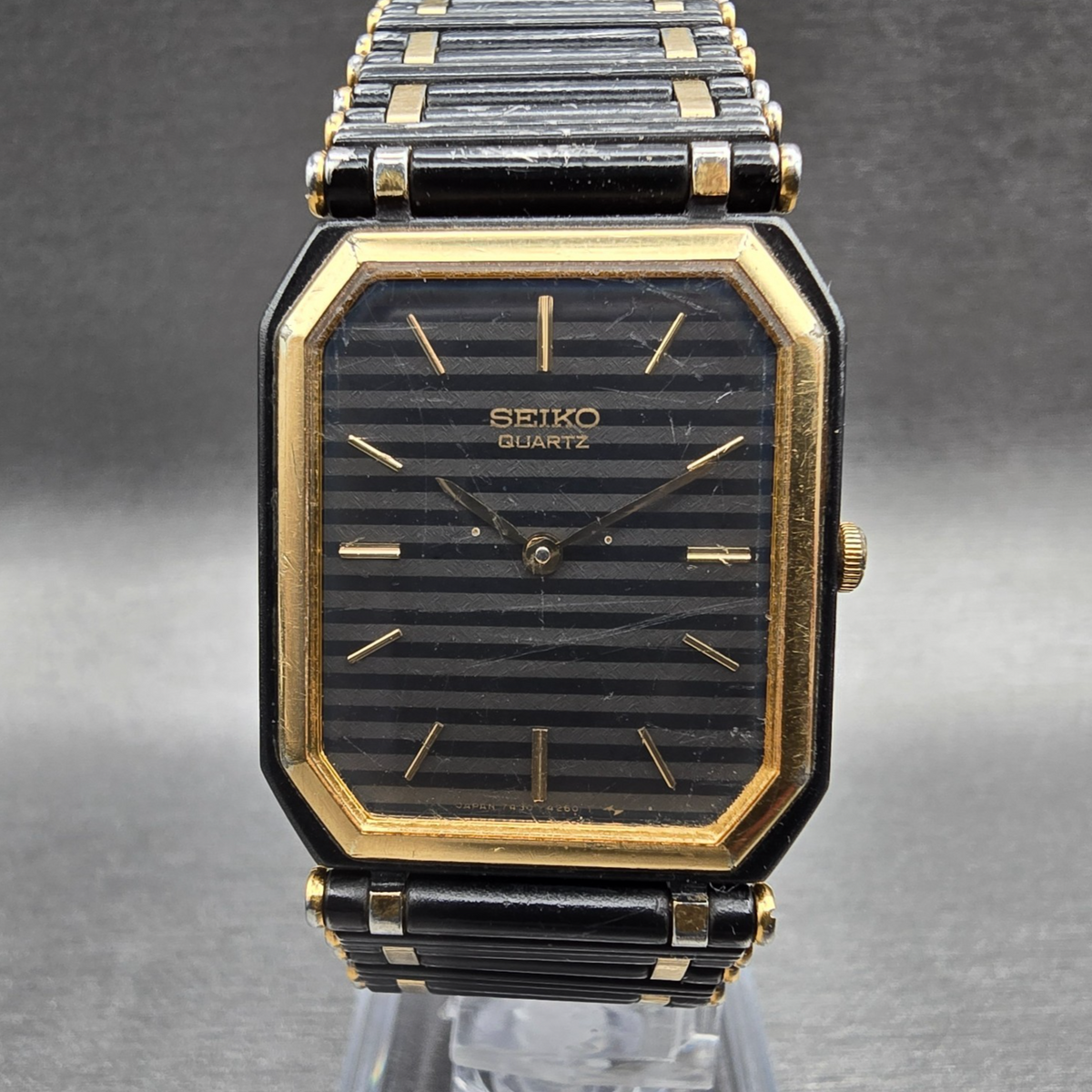 Seiko Tank Watch Men 24mm Black Dial Two Tone Rectangle 7430-5819 New Battery0