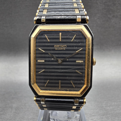 Seiko Tank Watch Men 24mm Black Dial Two Tone Rectangle 7430-5819 New Battery0