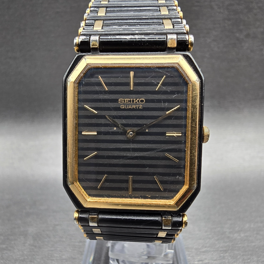 Seiko Tank Watch Men 24mm Black Dial Two Tone Rectangle 7430-5819 New Battery0