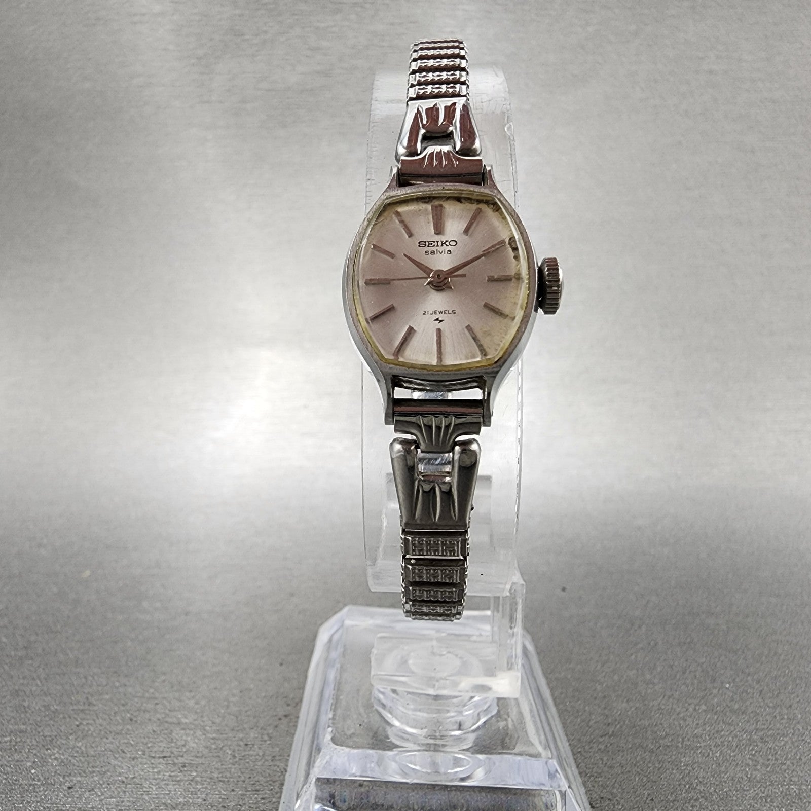 Seiko Salvia Watch Women 17mm White Dial Silver Tone Rectangle Manual Wind Runs5