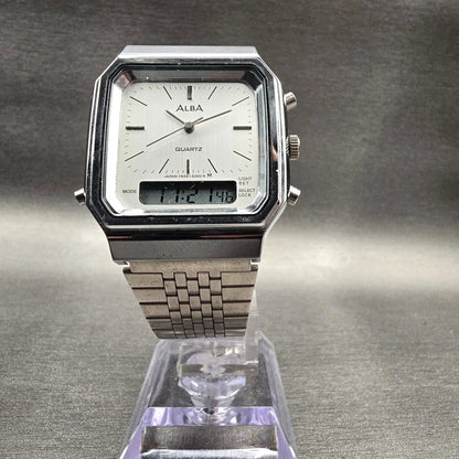 Seiko Alba Watch Men 32mm Silver Dial Silver Tone Daydate Alarm Y652-5290 NewBat5