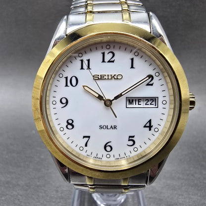 Seiko Solar Watch Men 37mm White Dial Two Tone Daydate Round V158-0AB0 Runs JP730