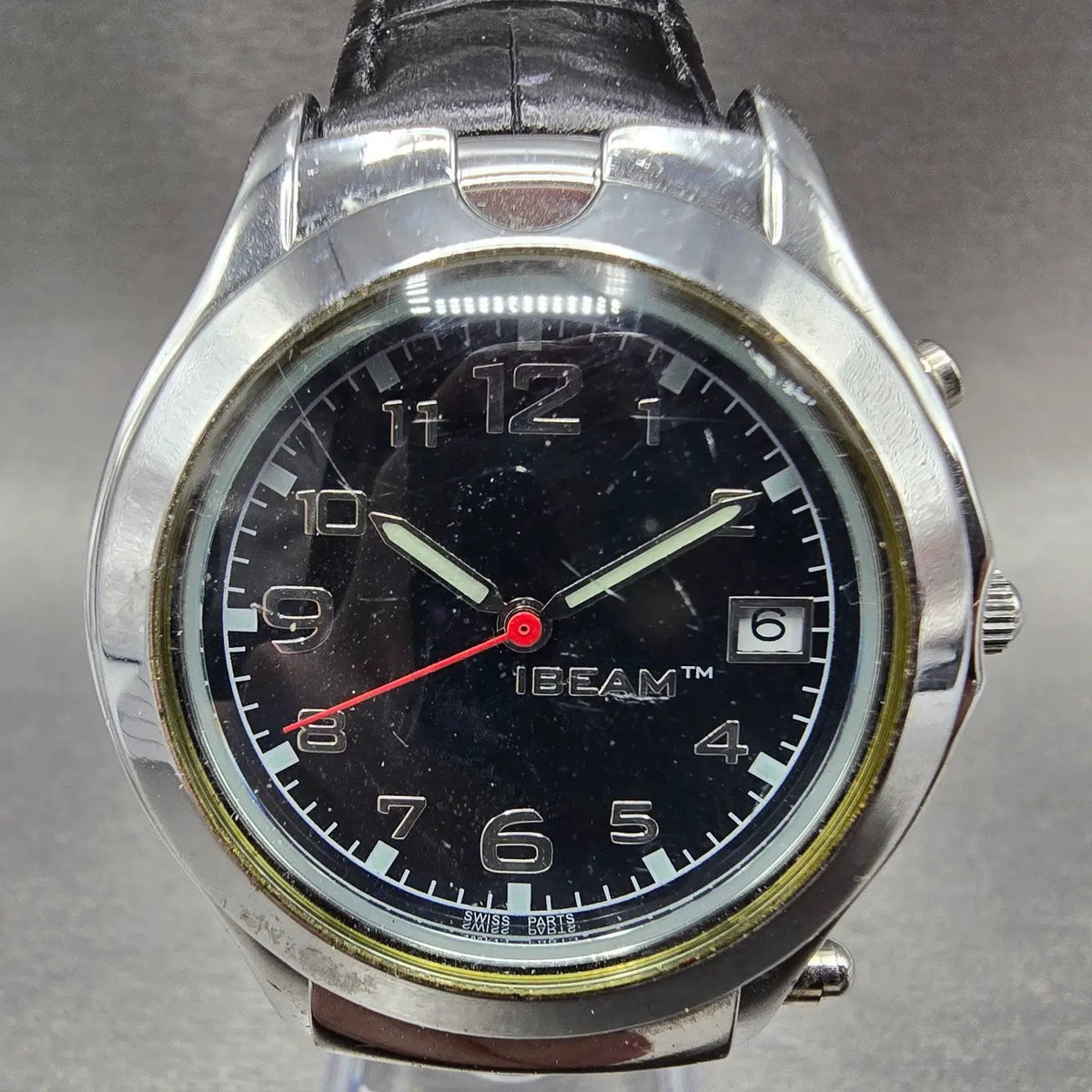 Ibeam Watch Men 40mm Black Dial Silver Date Round Flashlight New Battery0