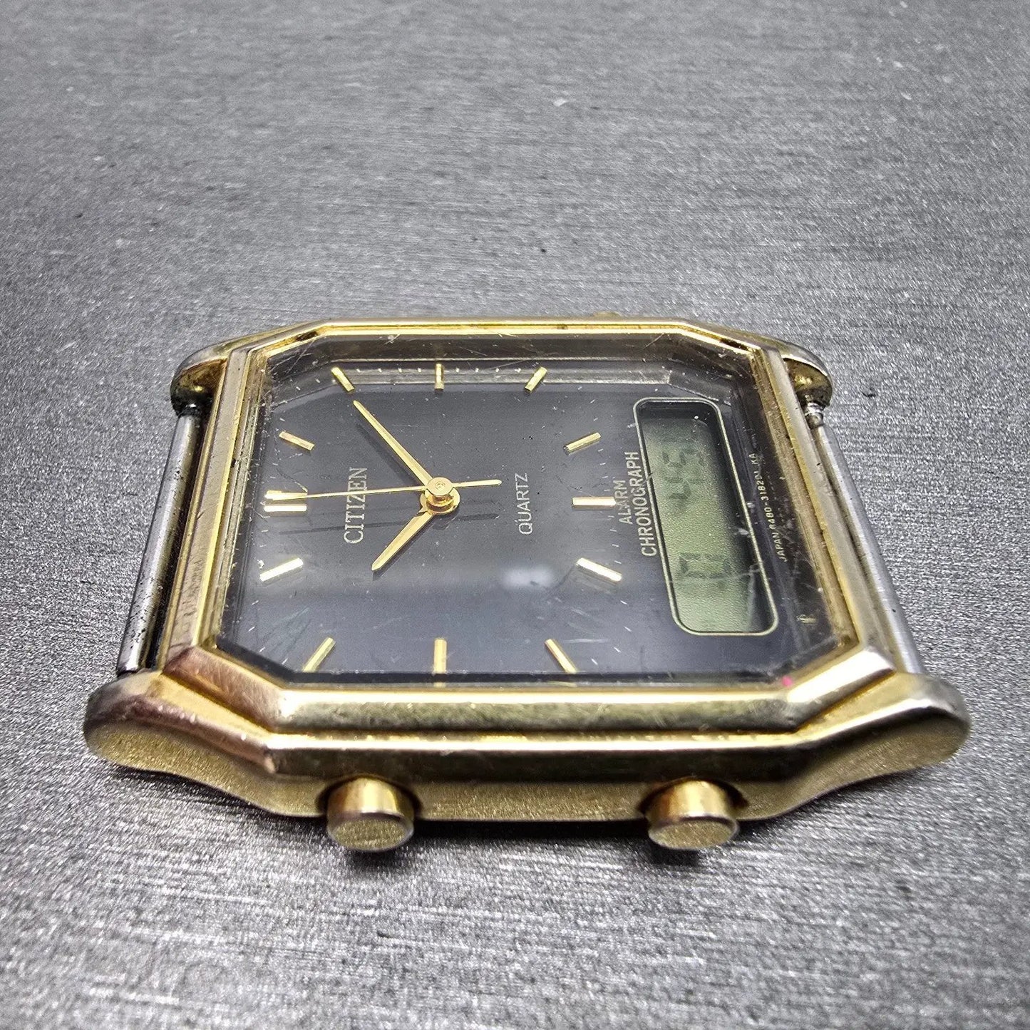 Citizen Analog Digital Watch Men 29mm Black Dial Gold Tone Alarm Chrono PARTS4