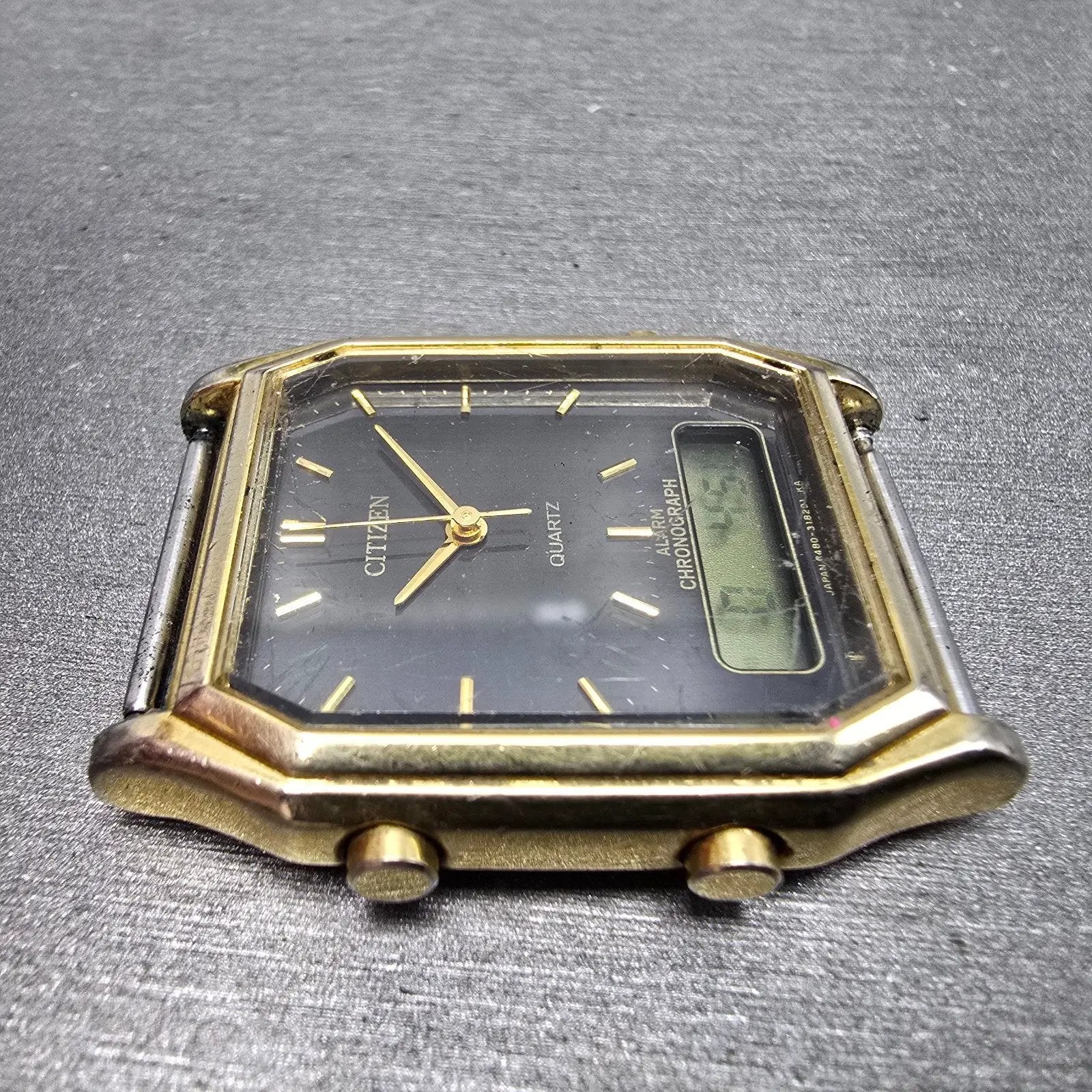 Citizen Analog Digital Watch Men 29mm Black Dial Gold Tone Alarm Chrono PARTS4