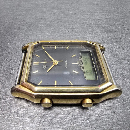 Citizen Analog Digital Watch Men 29mm Black Dial Gold Tone Alarm Chrono PARTS4