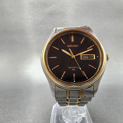 Seiko Sport 50 Watch Men 37mm Black Dial Two Tone Daydate 7n43-9a00 New Battery
