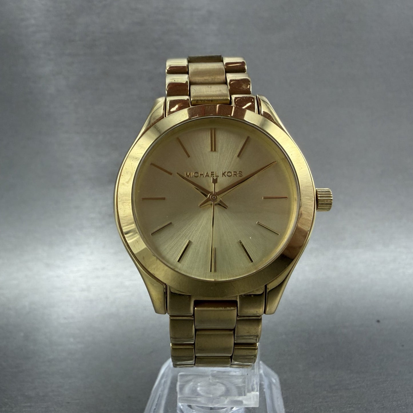 Michael Kors Slim Runway Watch Women 34mm Gold Dial Gold Tone Round New Battery5