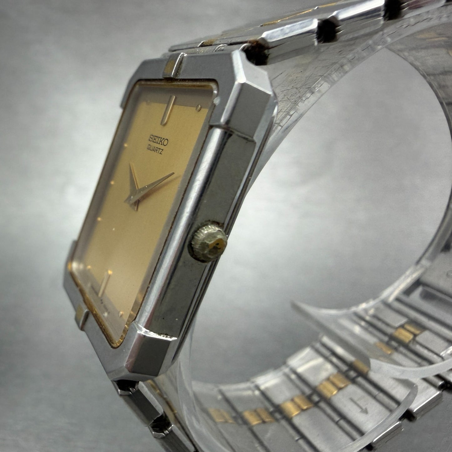 Seiko Tank Watch Men 24mm Champagne Dial Two Tone 5P30-5130 Rectangle PARTS3