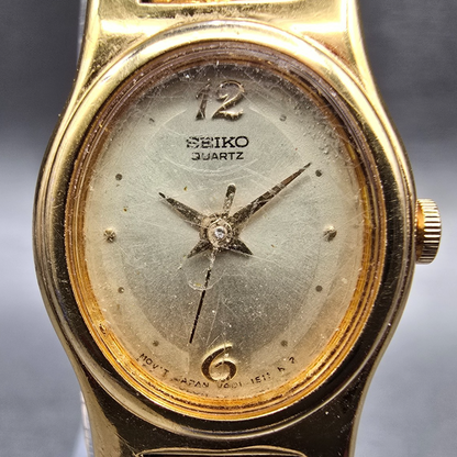 Seiko Watch Women 17mm Champagne Dial Gold Tone Oval V401-5109 New Battery JP11