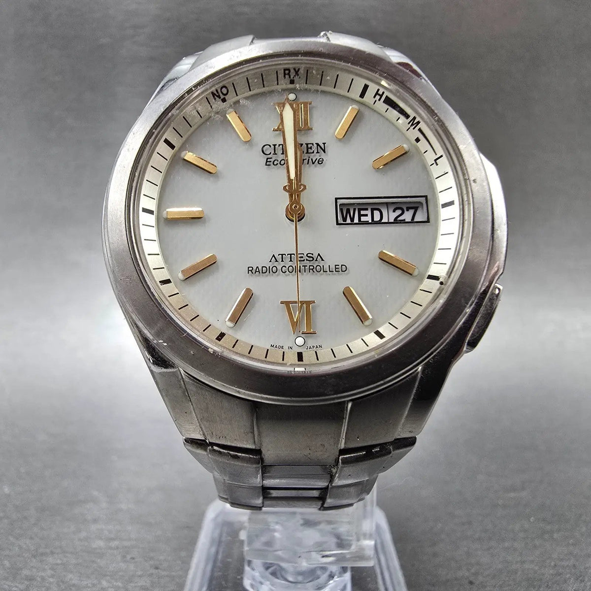 Citizen Eco-Drive Attesa Watch Men 37mm White Dial Titanium Atomic Daydate PARTS6