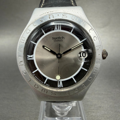 Swatch Irony Smoke Watch Men 37mm Silver Dial Aluminum Date YGS4002 New Battery0