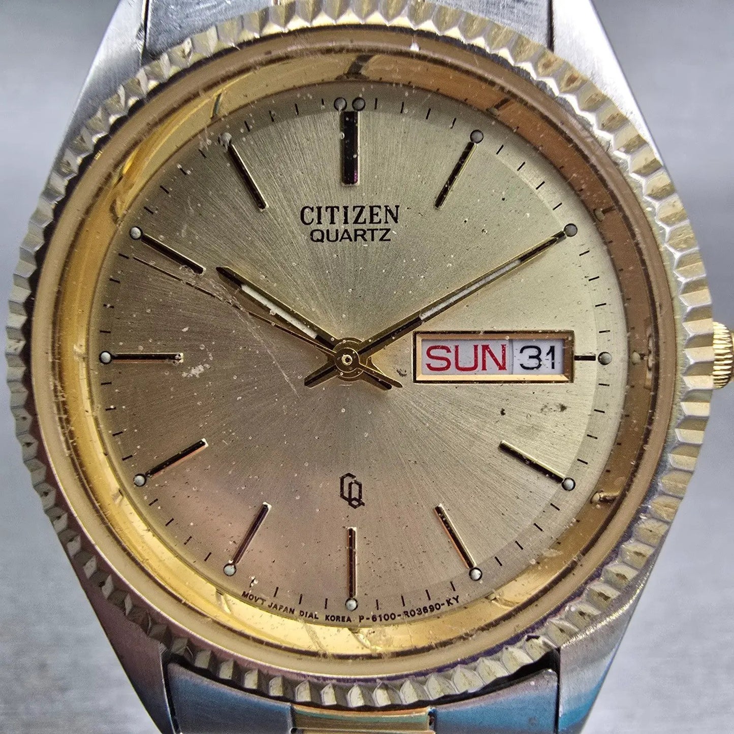 Citizen CQ Watch Men 34mm Champagne Dial Two Tone Daydate 6100-R00405 New Batt1