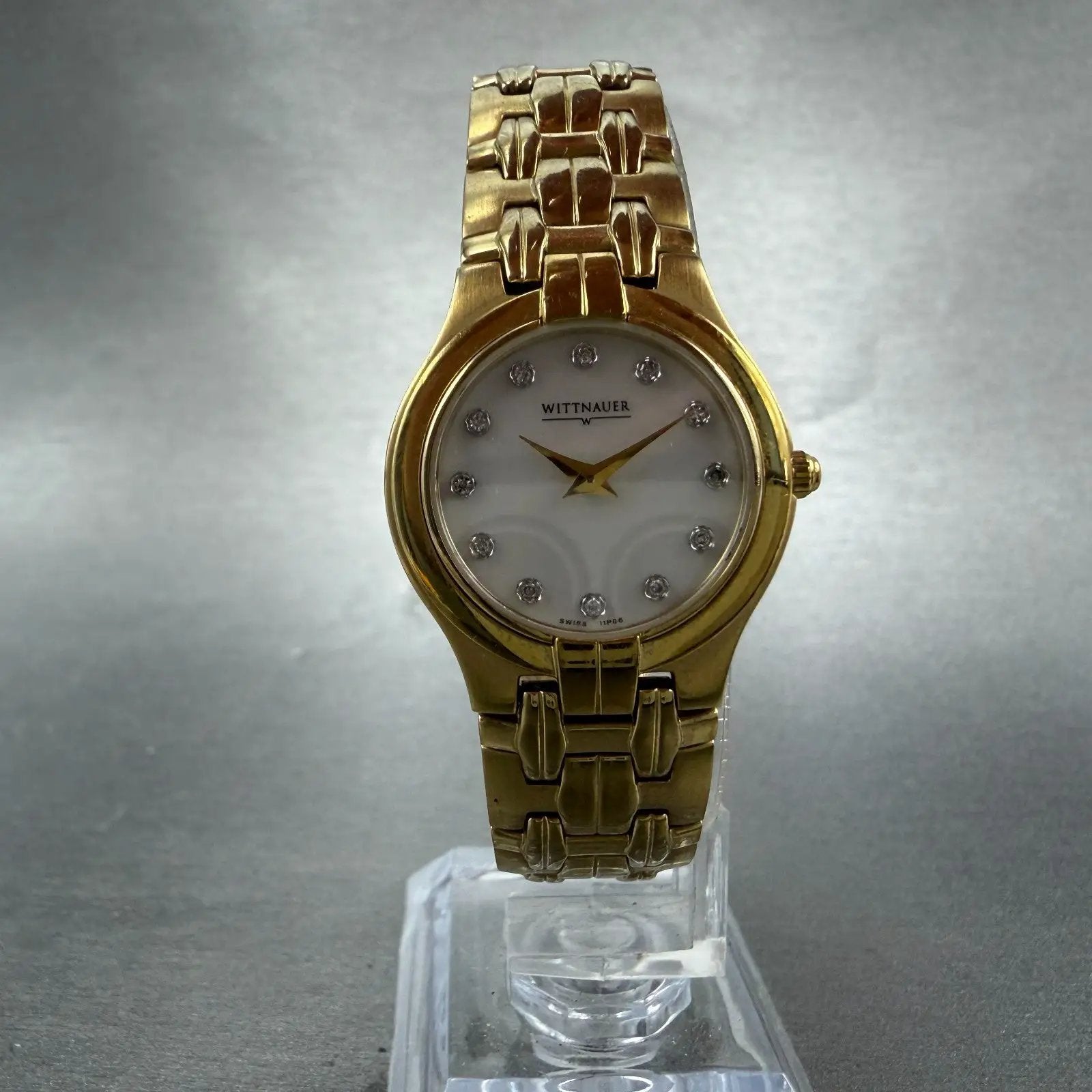 Wittnauer Watch Women 25mm MOP Dial Gold Tone Round Crystals 11P06 New Battery5