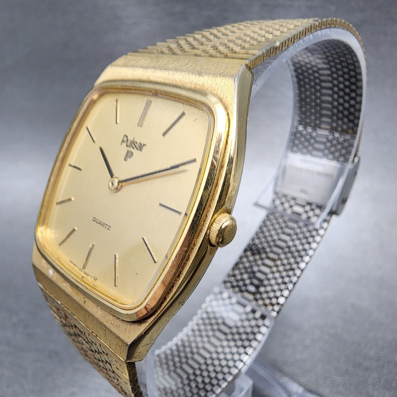 Pulsar Tank Watch Men 31mm Gold Dial Gold Tone Rectangle Y1005599 New battery2