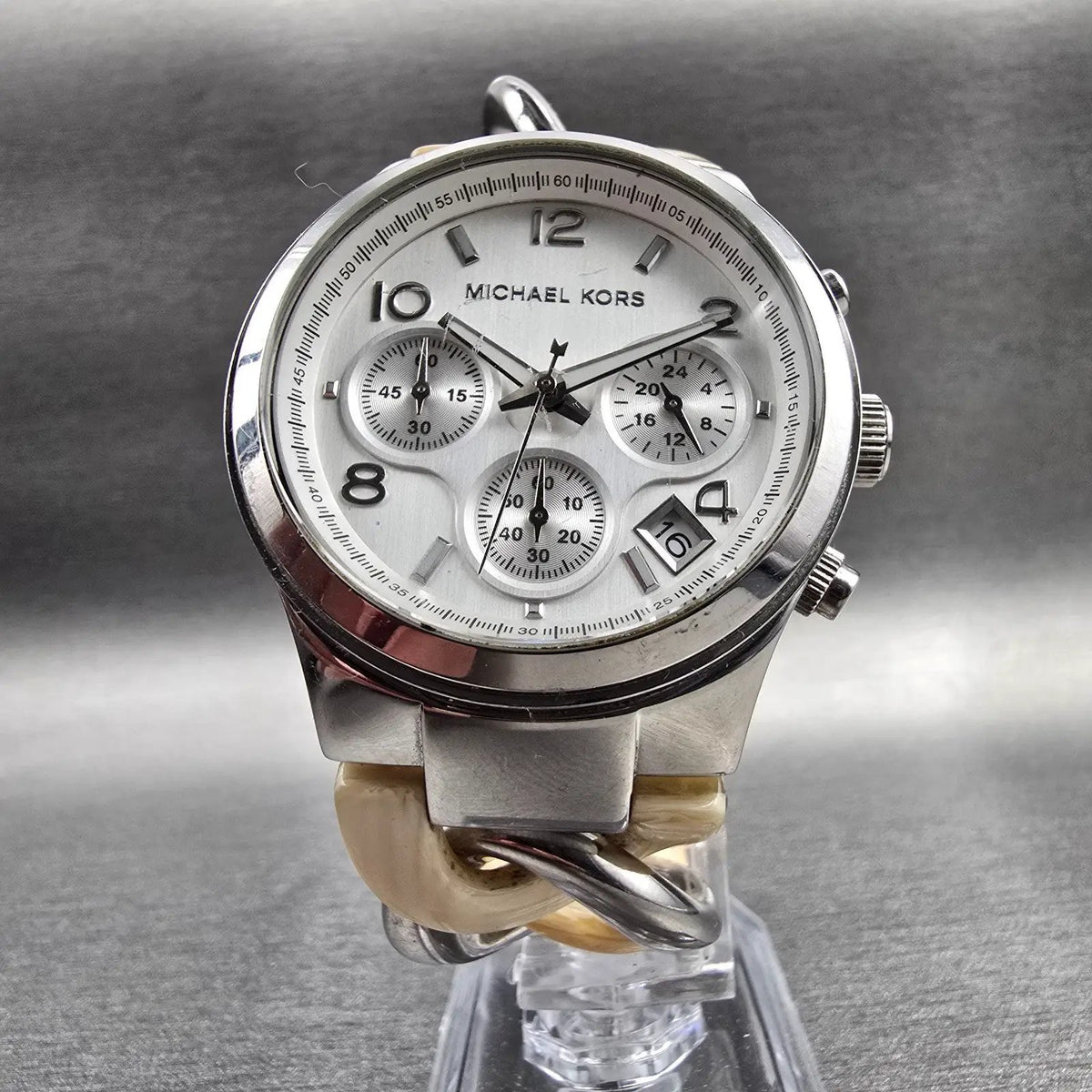 Michael Kors Runway Watch Women 38mm Silver Dial Chrono Alarm MK4263 New Battery5