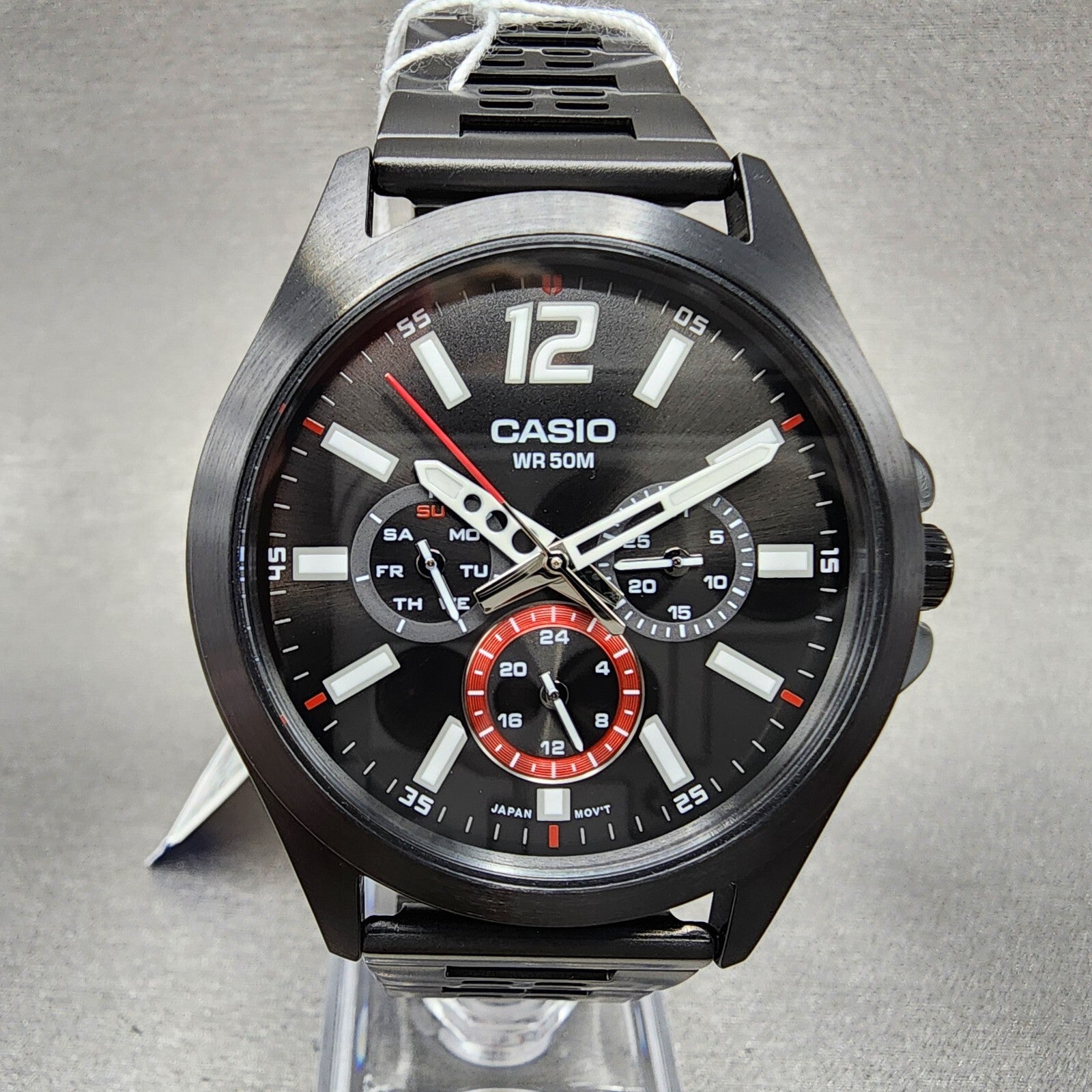 Casio MTPE350 Watch Men 39mm Black Dial Black Steel Daydate Metal Bracelet0