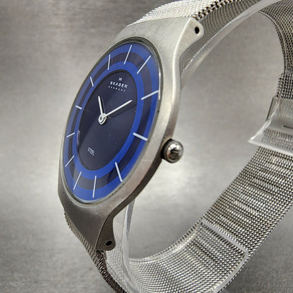 Skagen Watch Men 34mm Blue Dial Steel Date Round Mesh A233LSSN New Battery