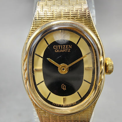 Citizen CQ Watch Women 16mm Black & Gold Dial Gold Tone Oval New Battery VTG1