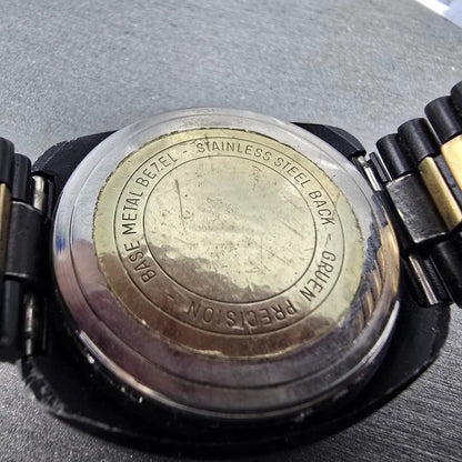 Gruen RED LED Watch Men 38mm Black Gold Tone Vintage PARTS10