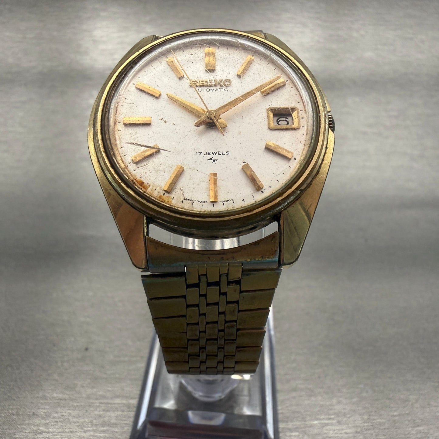 Seiko Automatic Watch Men 36mm White Dial Gold Tone Date Round 7005-8022 Works5
