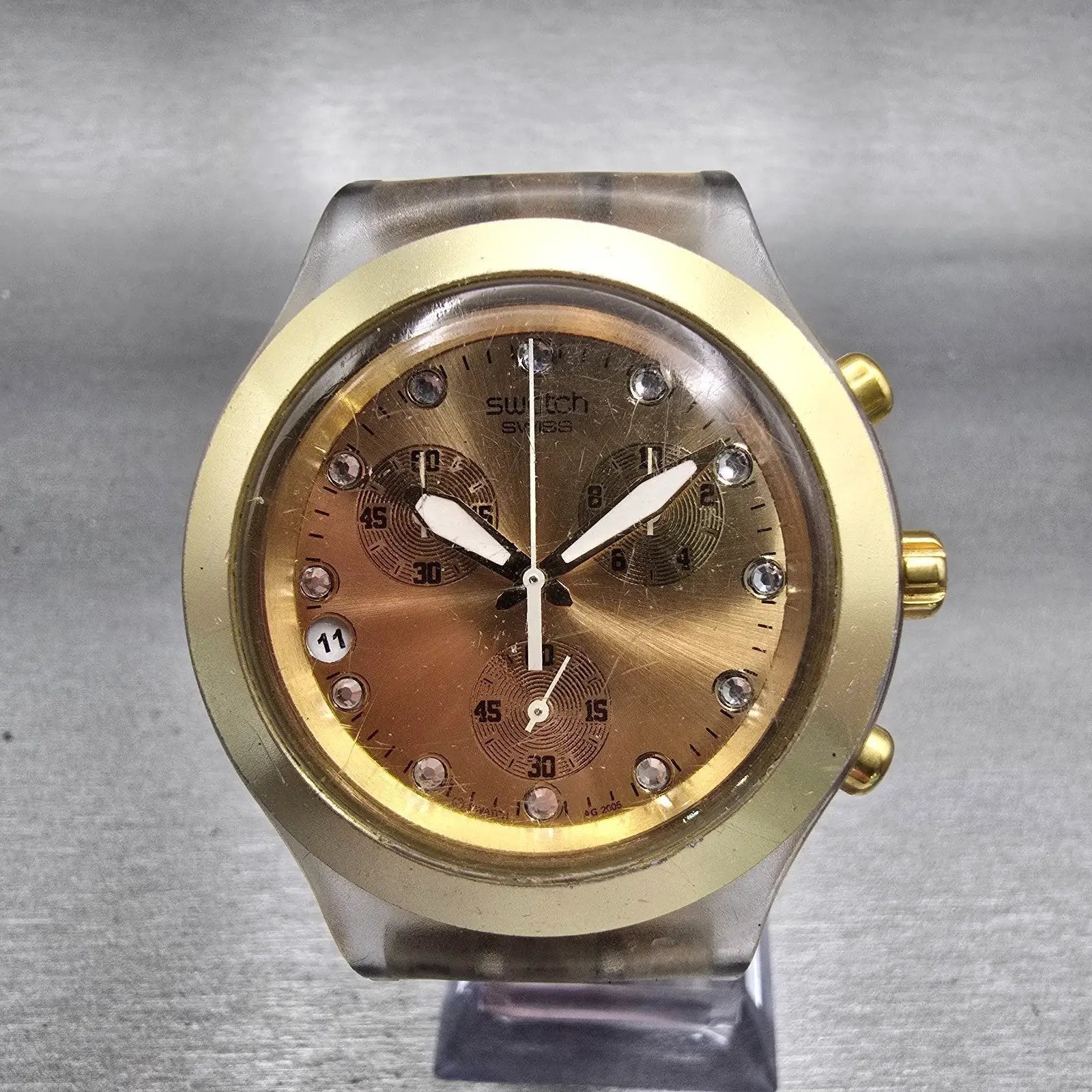 Swatch Irony DIAPHANE FULL BLOODED Chronograph Watch Men Gold Dial READ New Batt0