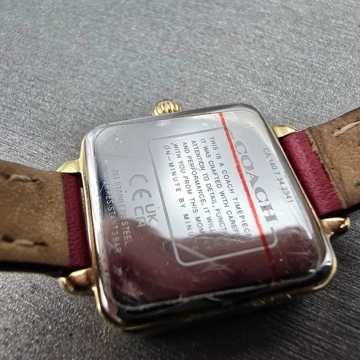 Coach Watch Women 22mm Red Dial Gold Tone Square 14504226 Leather New Battery9