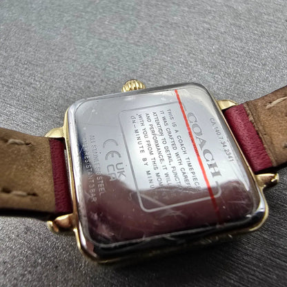 Coach Watch Women 22mm Red Dial Gold Tone Square 14504226 Leather New Battery9