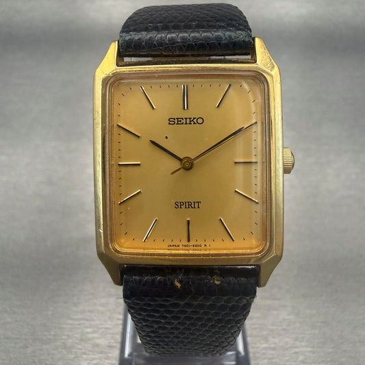 Seiko Spirit Watch Men 25mm Gold Dial Gold Tone Rectangle 7N01-5180 New Battery0