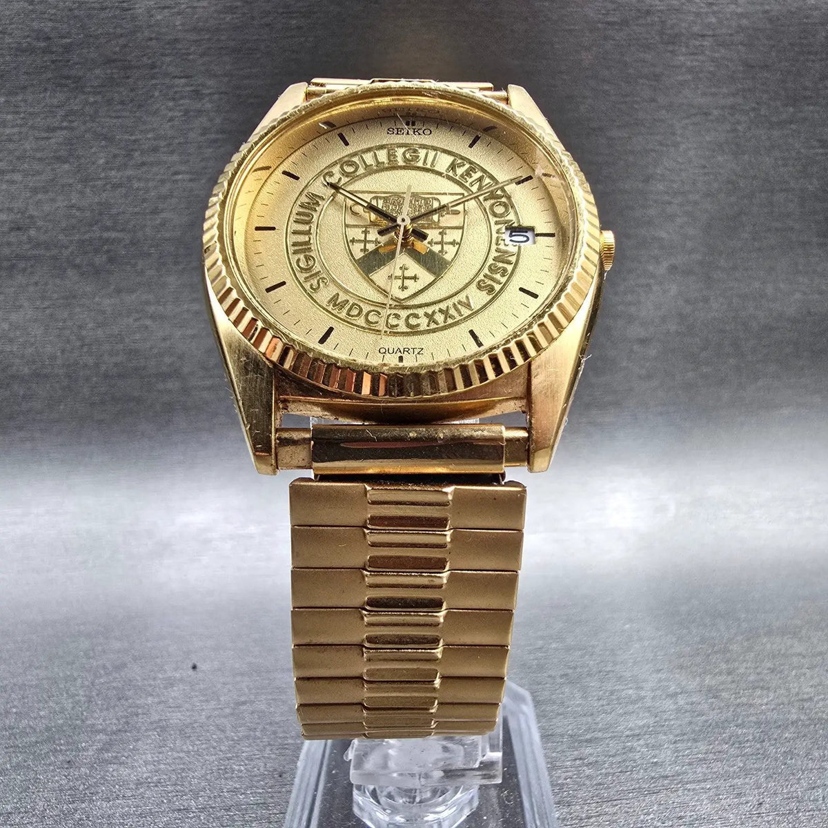 Seiko Watch Men 35mm Gold Dial Gold Tone Date Round 7N43-8111 New Battery JP5