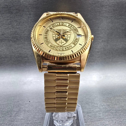 Seiko Watch Men 35mm Gold Dial Gold Tone Date Round 7N43-8111 New Battery JP5