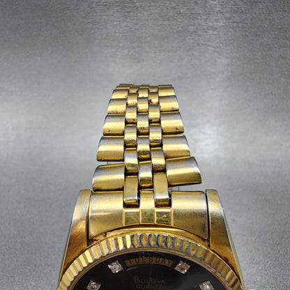 Bulova President Watch Men 36mm Black Dial Gold Tone Daydate 97D39 New Battery4