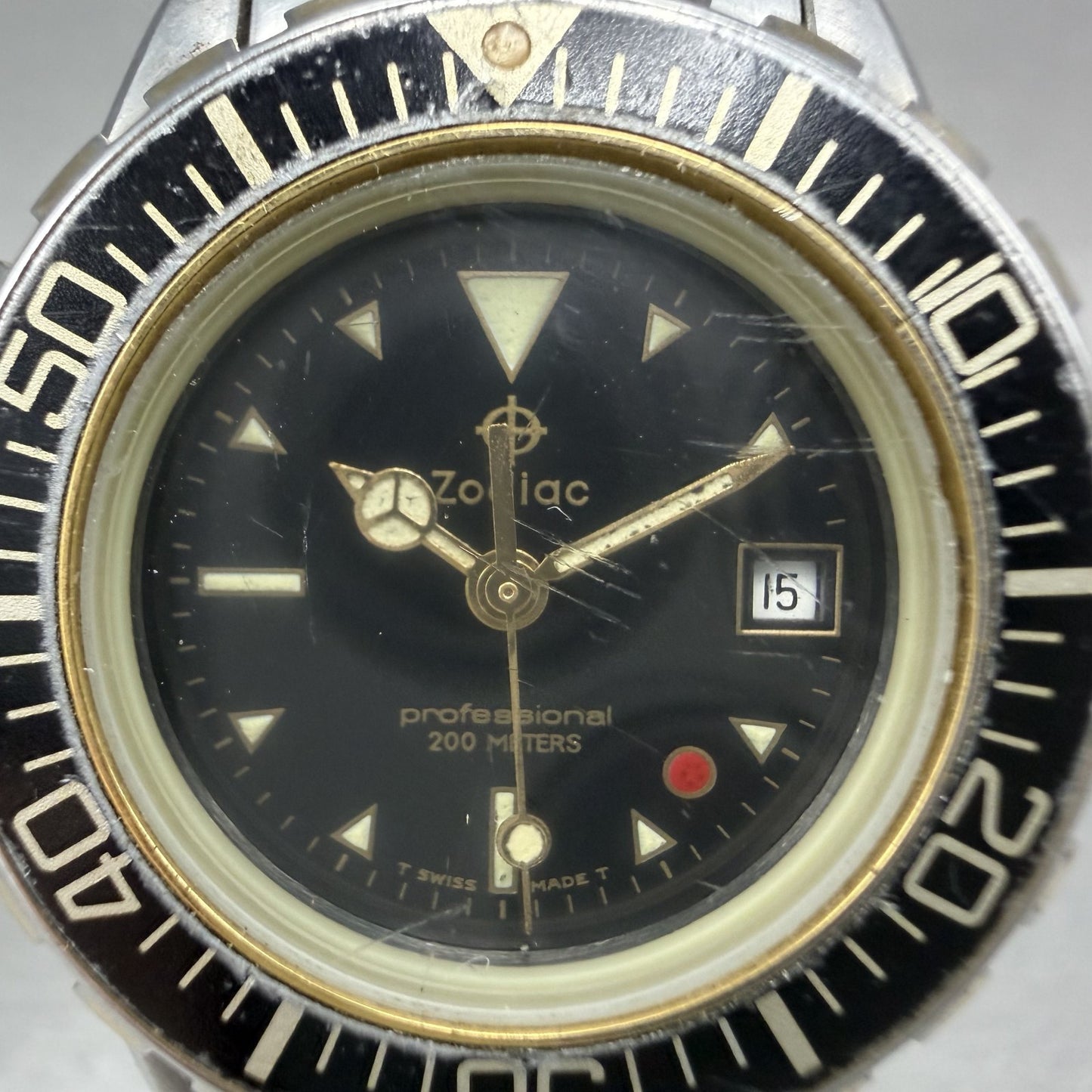 Zodiac Professional Dive Watch Women 29mm Black Dial Two Tone Date Red Dot Works1