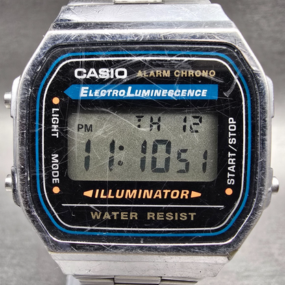 Casio A168 Digital Watch Men 36mm Black Dial Silver Tone Chrono Alarm New Batt1