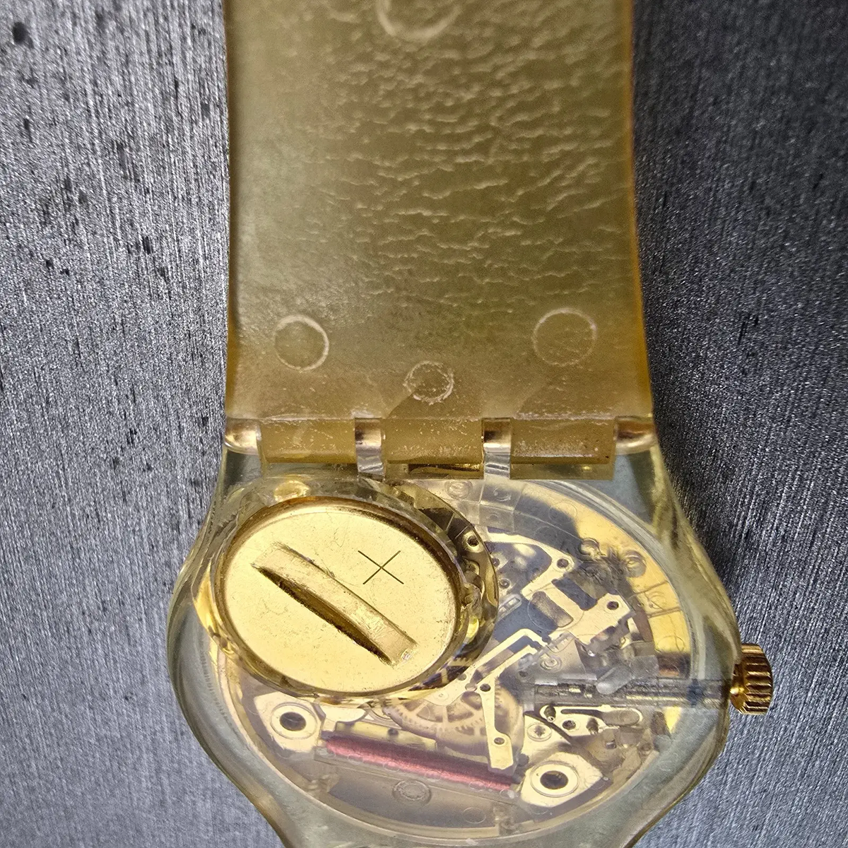 Swatch Golden Jelly Watch Men 34mm Skeleton Dial Clear Case READ! GZ115 New Batt13