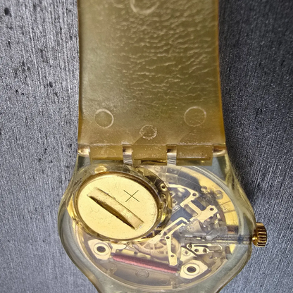 Swatch Golden Jelly Watch Men 34mm Skeleton Dial Clear Case READ! GZ115 New Batt13