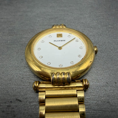 Playboy Watch Men 34mm White Dial Gold Tone Round 5307 BROKEN BAND New battery2