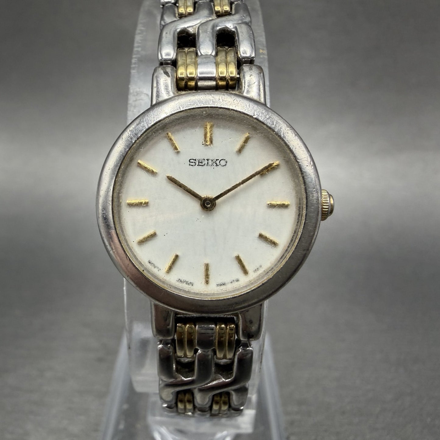 Seiko Watch Women 21mm White Dial Two Tone Round 1N00-1E09 New Battery ABC0