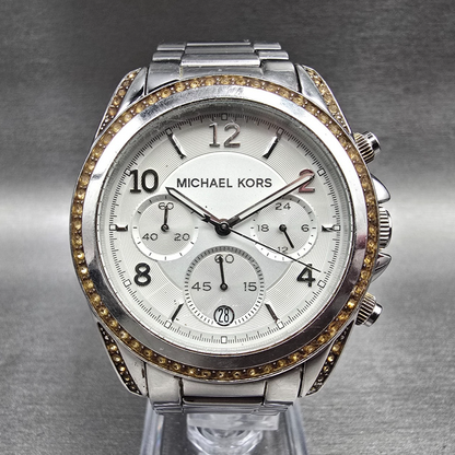 Michael Kors Blair Watch Men 39mm Silver Dial Chrono Date Gemmed MK5459 New Batt0