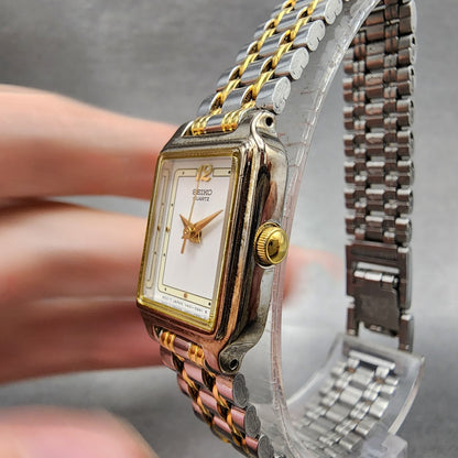 Seiko Tank Watch Women 18mm White Dial Two Tone Rectangle V4015129 New Battery2