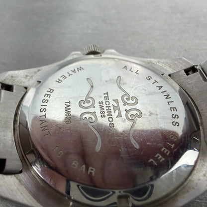 Technos Dive Watch Men 41mm Black Dial Silver Tone Round TAM629 New Battery BT59