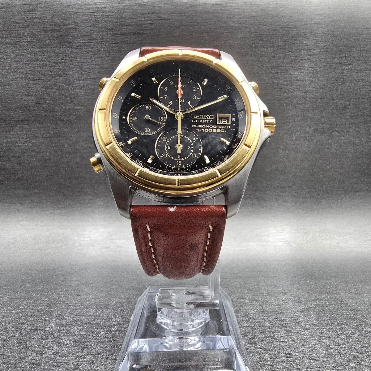 Seiko Chronograph Watch Men 40mm Black Dial Two Tone Date 7T52-7A09 New Battery5