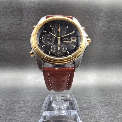 Seiko Chronograph Watch Men 40mm Black Dial Two Tone Date 7T52-7A09 New Battery5