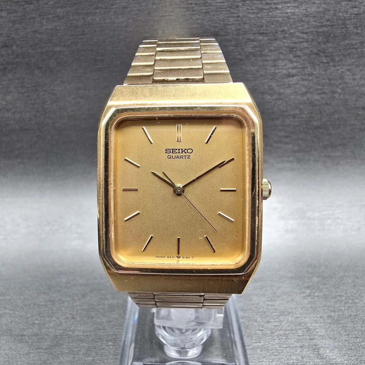 Seiko Tank Watch Men 27mm Gold Dial Gold Tone Rectangle 6531-5129 New Battery1
