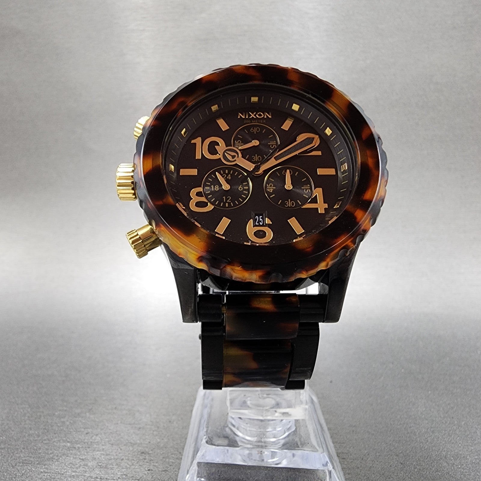 Nixon 4220 Chrono Watch Women 42mm Black Dial Black Tortoise Date New Battery6