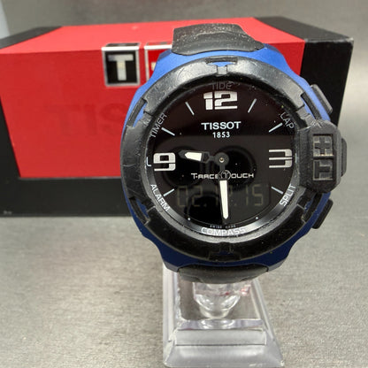 Tissot T-Touch Watch Men 47mm Black Blue Ana Digi Alarm Chrono New Battery W/Box0