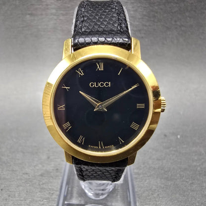 Gucci 2200L Watch Women 25mm Black Dial Gold Tone Round New Battery Swiss0